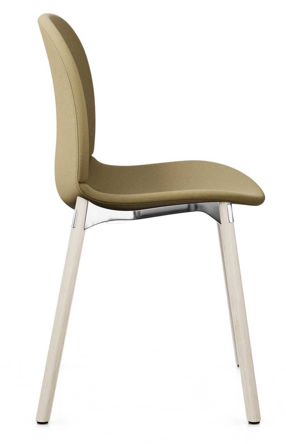 Seitenansicht eines ergonomischen Stuhls mit hellbraunem Stoff und weißen Holzbeinen auf weißem Hintergrund.