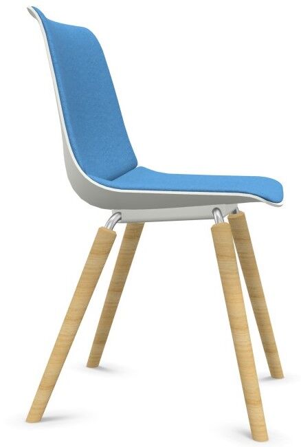 Ergonomischer Stuhl mit blauer Sitzfläche und Holzbeinen, seitliche Ansicht, modern und stilvoll.