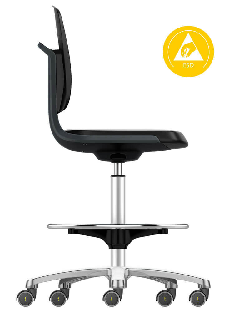 Seitenansicht eines ergonomischen Bürostuhls mit ESD-Logo, zeigt modernes Design und höhenverstellbare Funktionen.