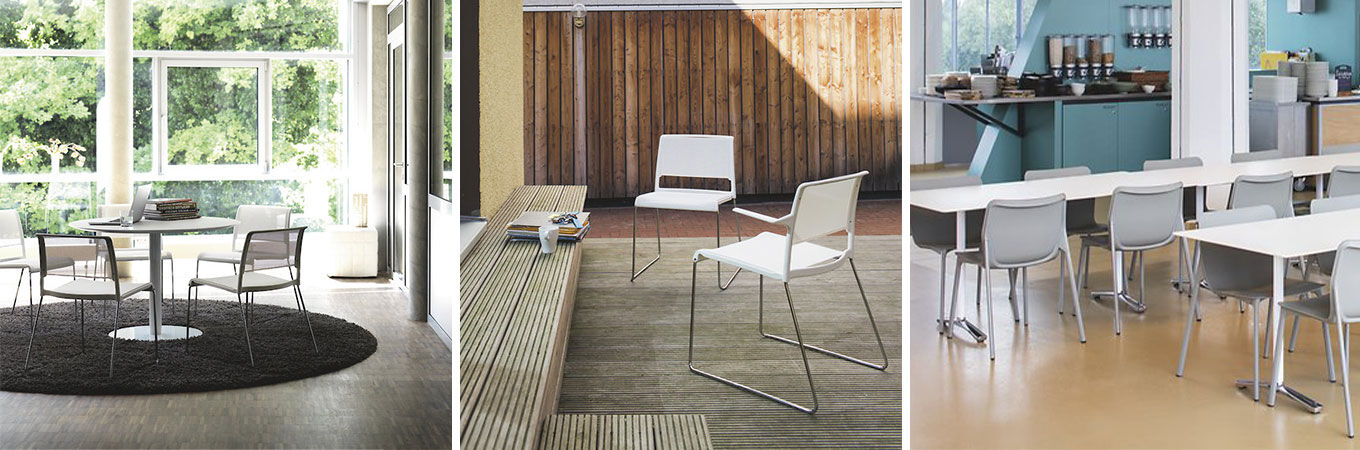 Drei moderne Räume mit Wilkhahn Aline Kufenstühlen: Wohnbereich, Terrassenbereich und Büro-Küche, alle mit stilvollem Design.
