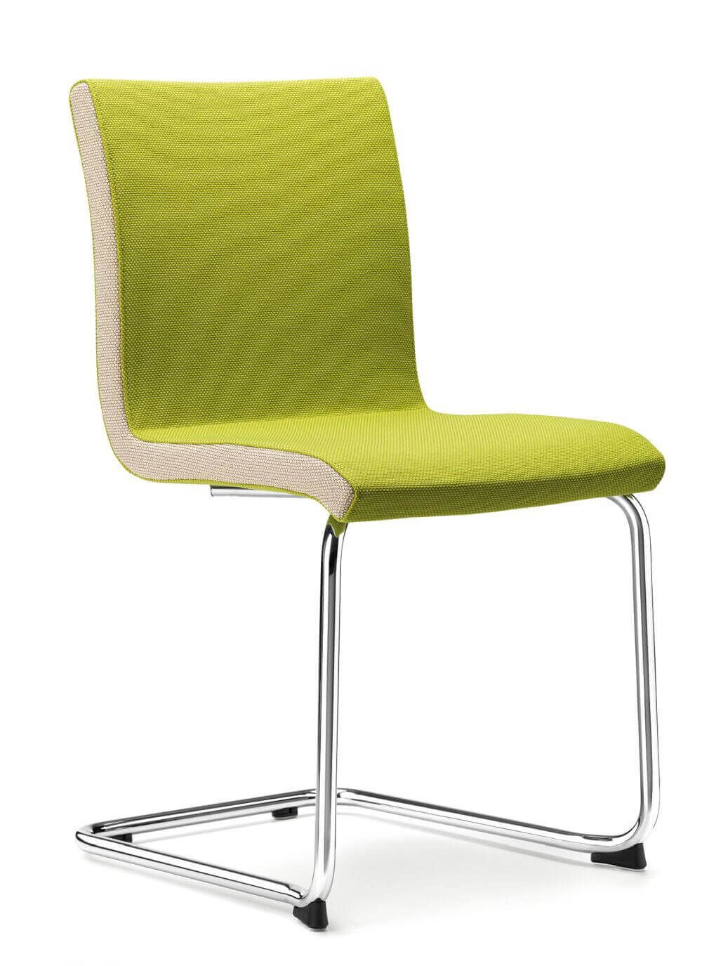 Moderner grüner Freischwinger-Stuhl mit verchromtem Gestell, ideal für ergonomisches und dynamisches Sitzen im Büro.