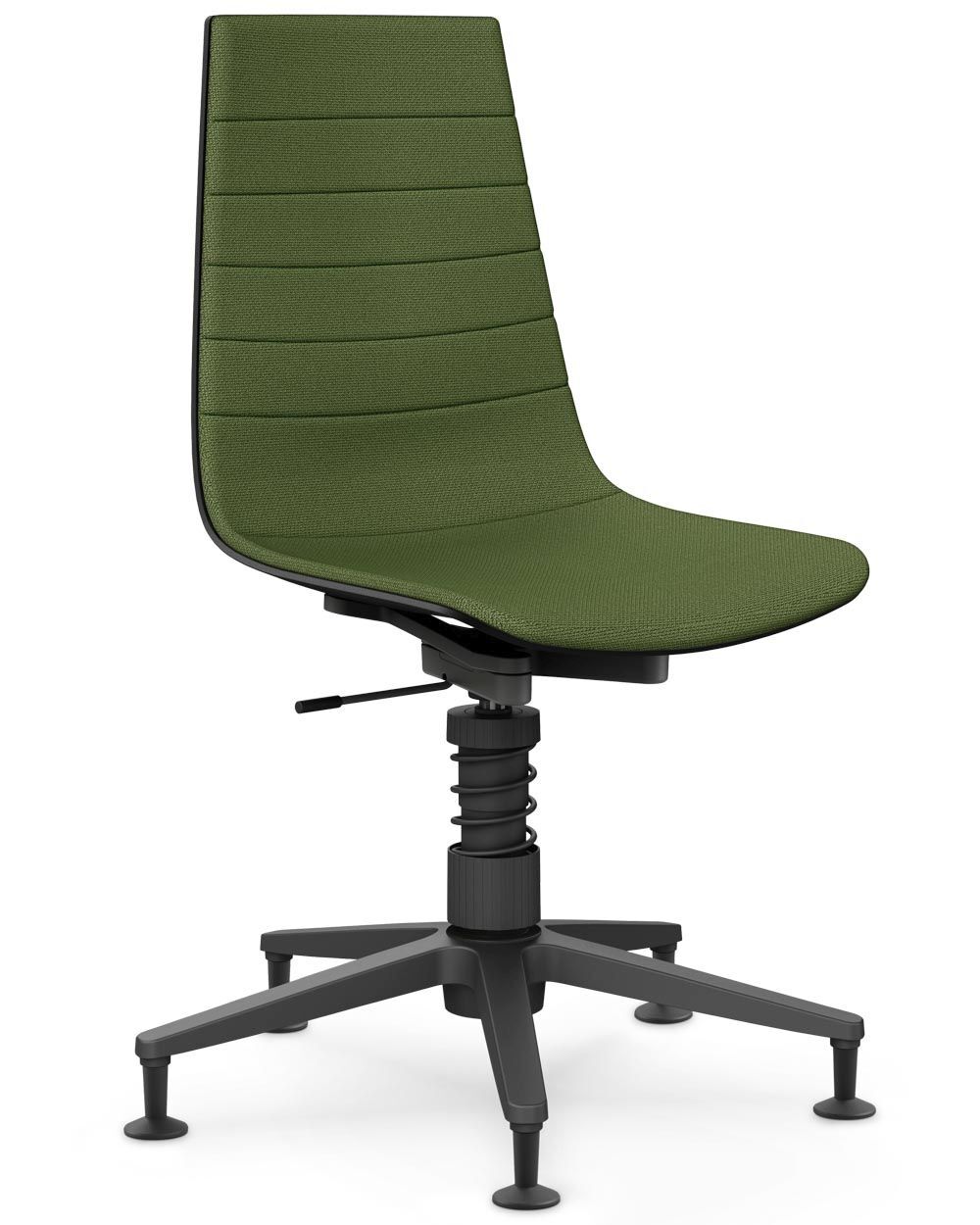 Grüner ergonomischer Drehstuhl mit gepolsterter Rückenlehne und fünffüßigem Sockel für dynamisches Sitzen.