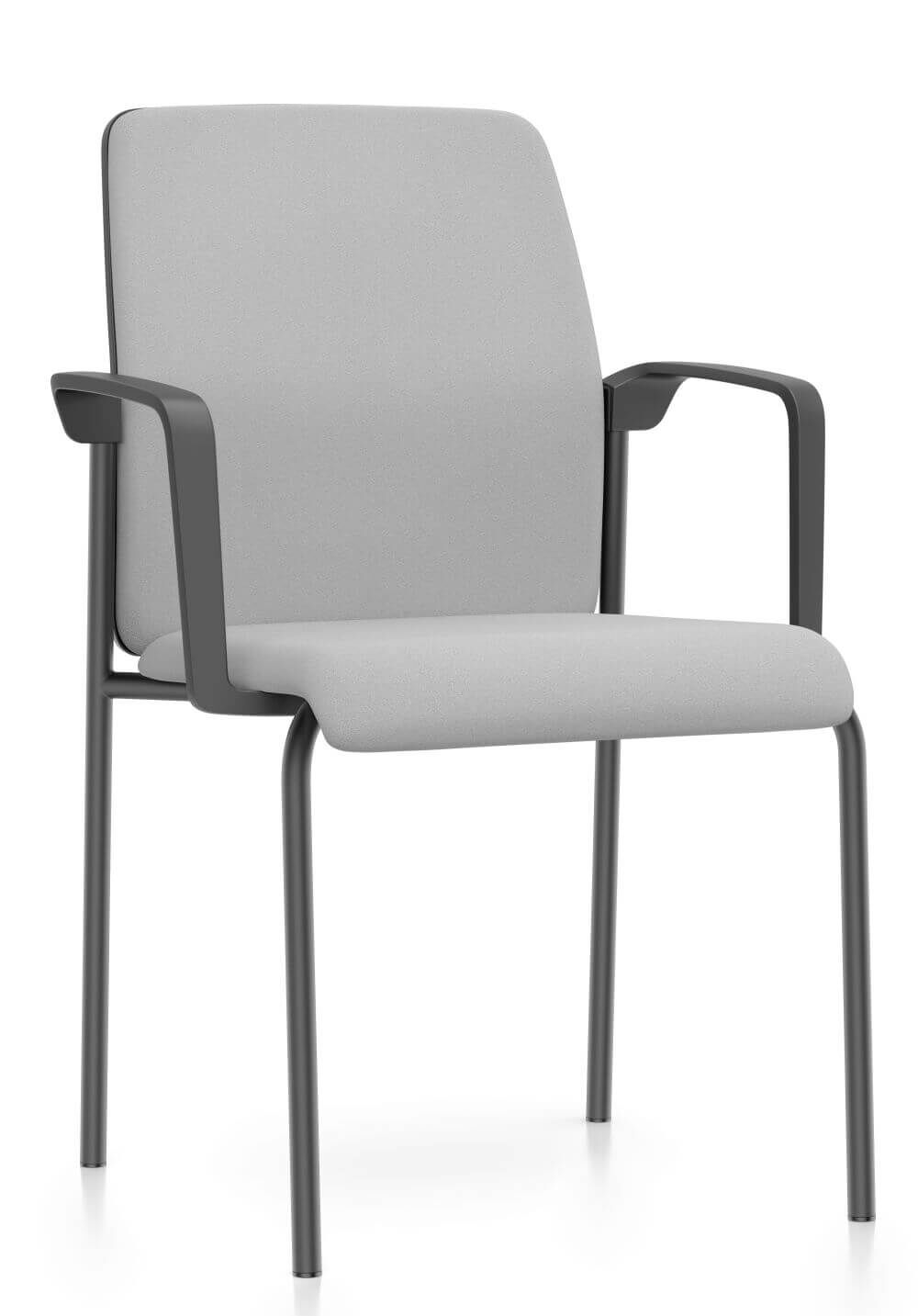 Moderner, ergonomischer Bürostuhl mit grauem Polster und schwarzen Armlehnen für komfortables, dynamisches Sitzen.