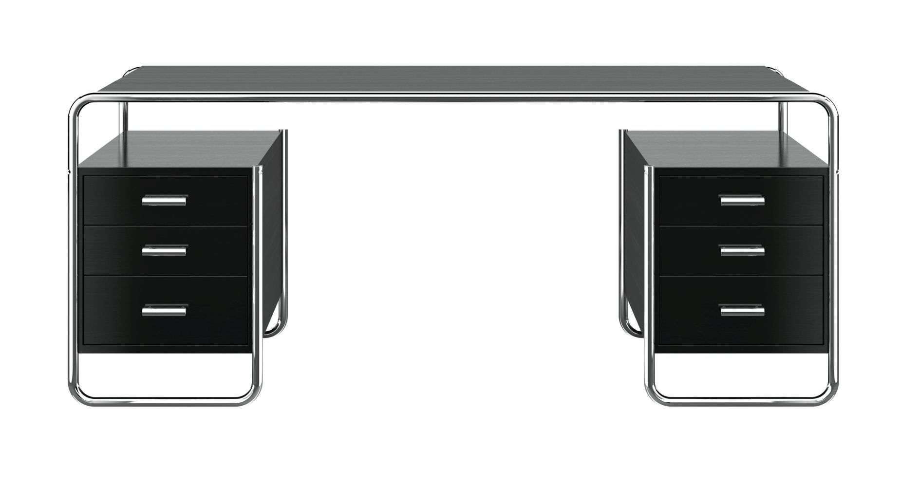 Moderner schwarzer Schreibtisch mit verchromten Beinen und sechs Schubladen für ergonomische Büros.