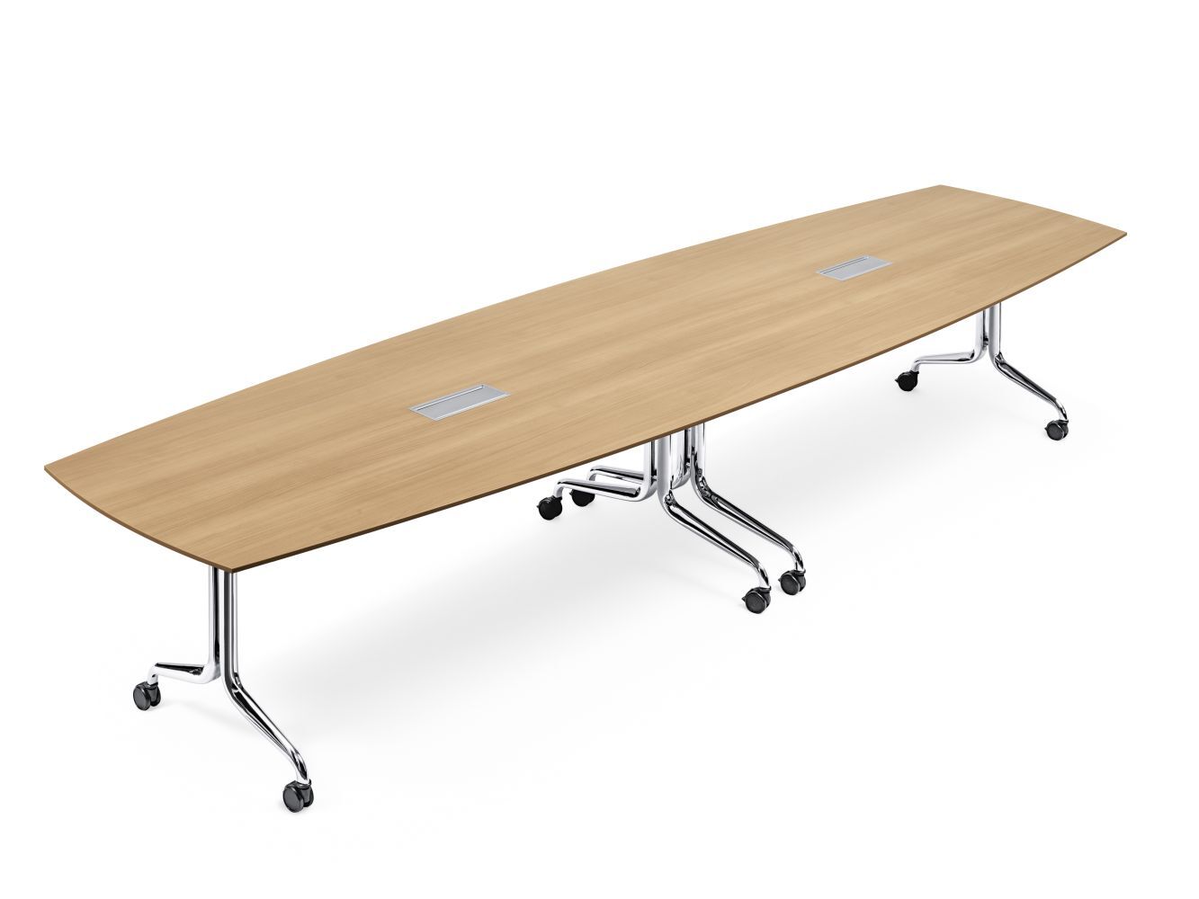 Langer, rechteckiger Konferenztisch mit Holzoberfläche und verchromten Beinen auf Rollen, ideal für Besprechungen.