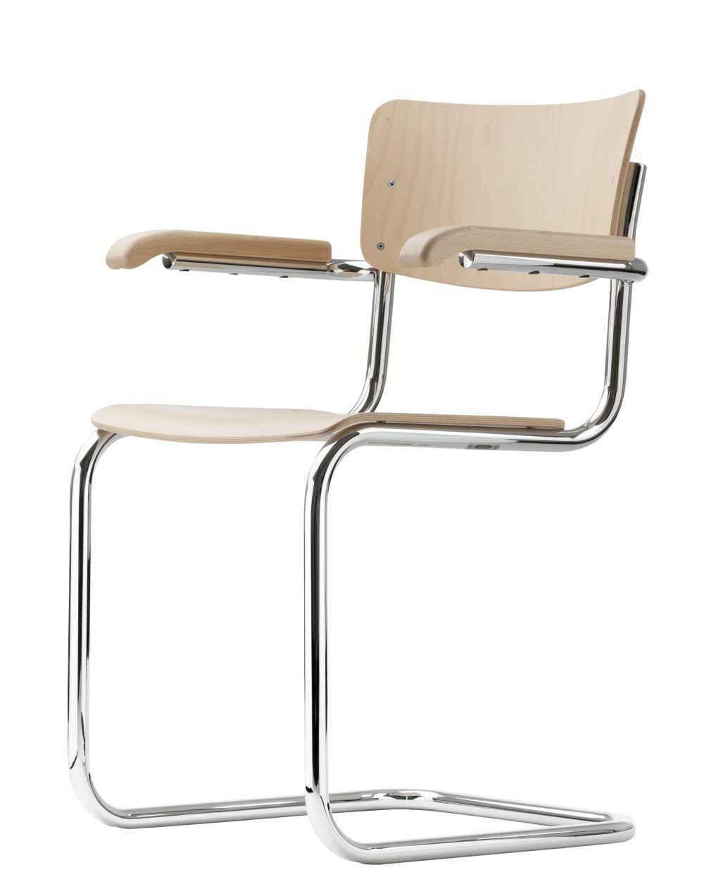 Eleganter ergonomischer Bürostuhl mit verchromtem Stahlrahmen und hellem Holzsitz, ideal für dynamisches Sitzen.