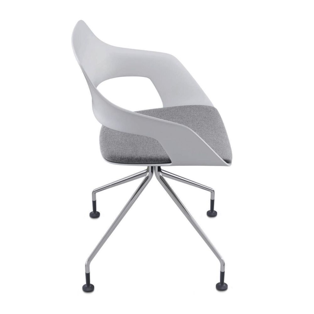 Moderner ergonomischer Stuhl mit grauem Sitz, weißer Lehne und chromfarbenem Gestell auf vier Beinen.