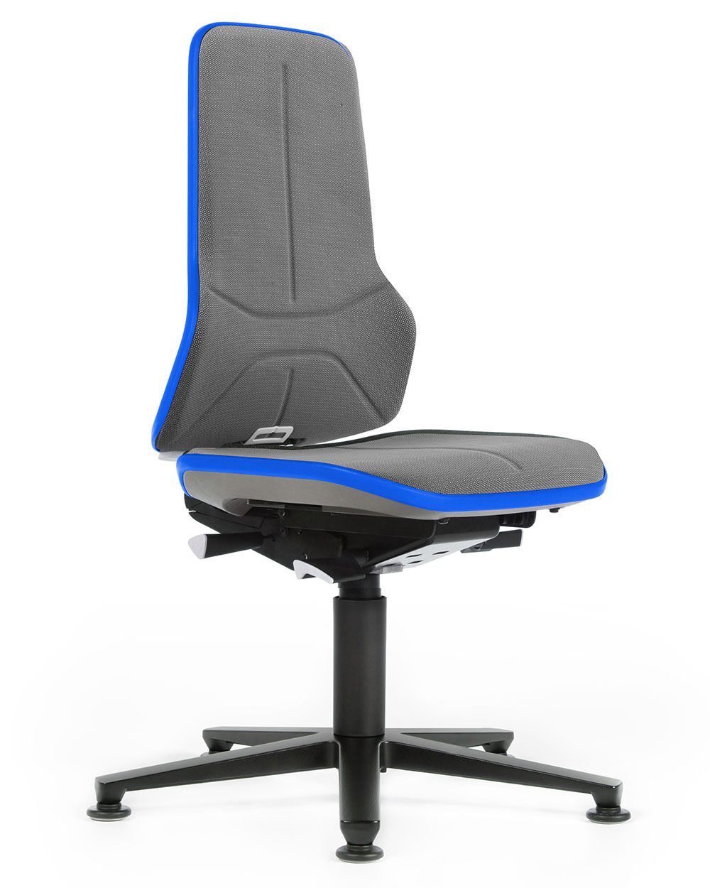 Moderner ergonomischer Bürostuhl mit grauem Polster und blauen Akzenten, geeignet für dynamisches Sitzen.