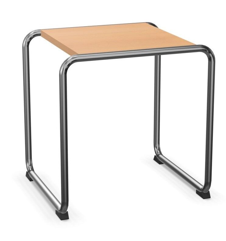 Moderner, minimalistisch gestalteter Tisch mit Holzplatte und gebogenem Metallrahmen, geeignet für ergonomische Arbeitsplätze.