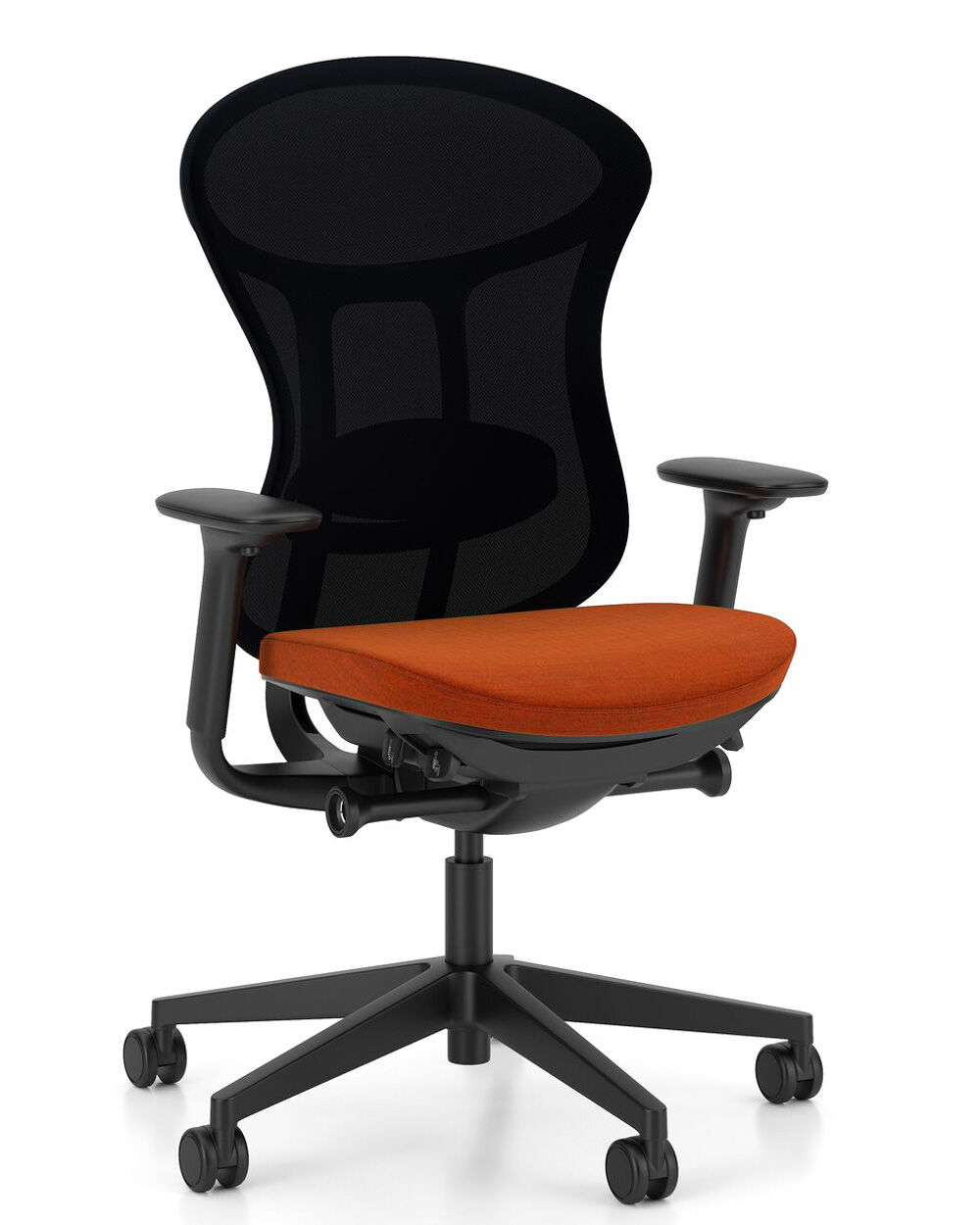 Ergonomischer Bürostuhl mit schwarzer Rückenlehne und orangefarbenem Sitzpolster, ideal für dynamisches Sitzen.