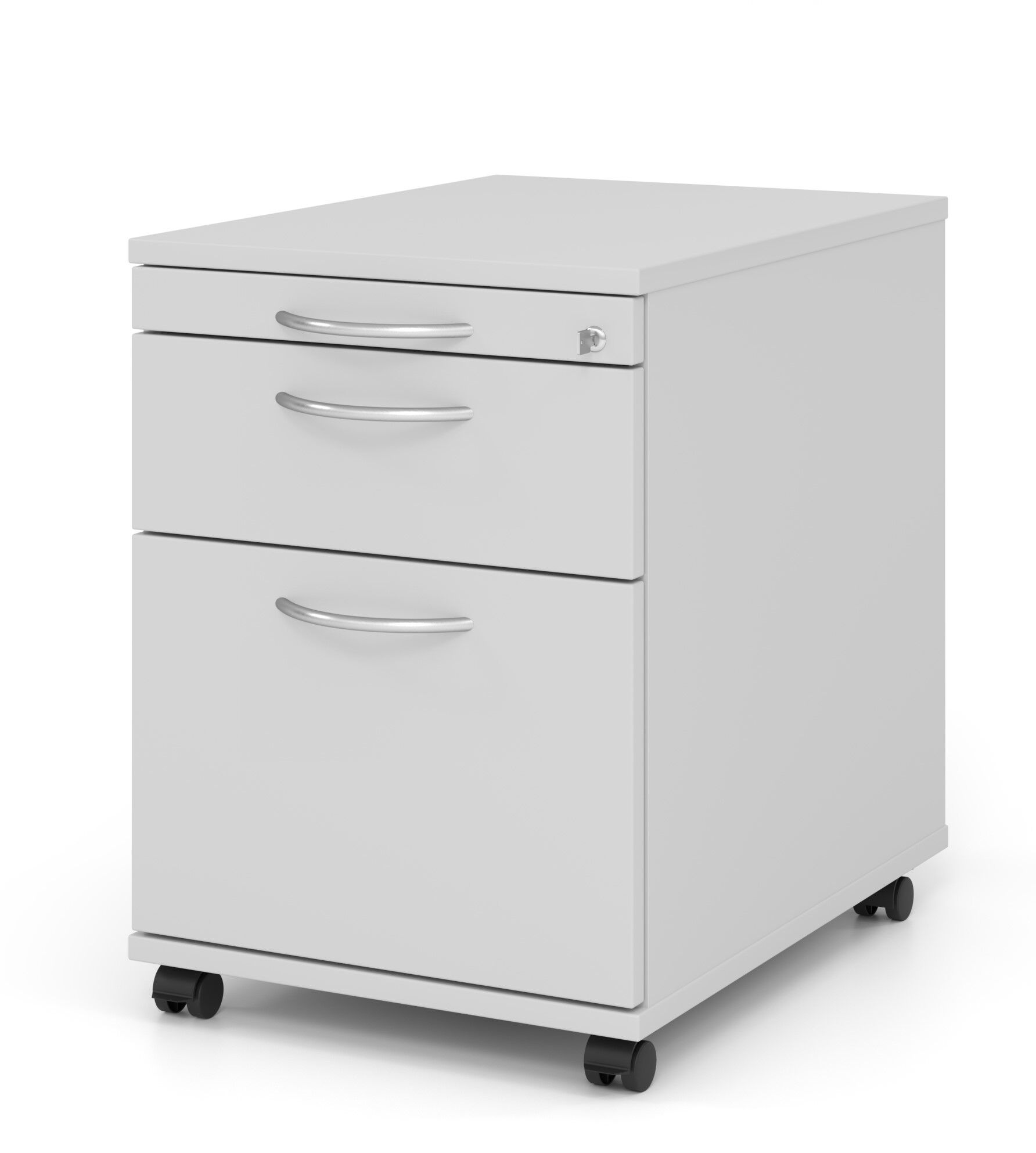 Weißer Büroschrank auf vier Rollen mit drei Schubladen und modernem Design für ergonomische Arbeitsplatzlösungen.