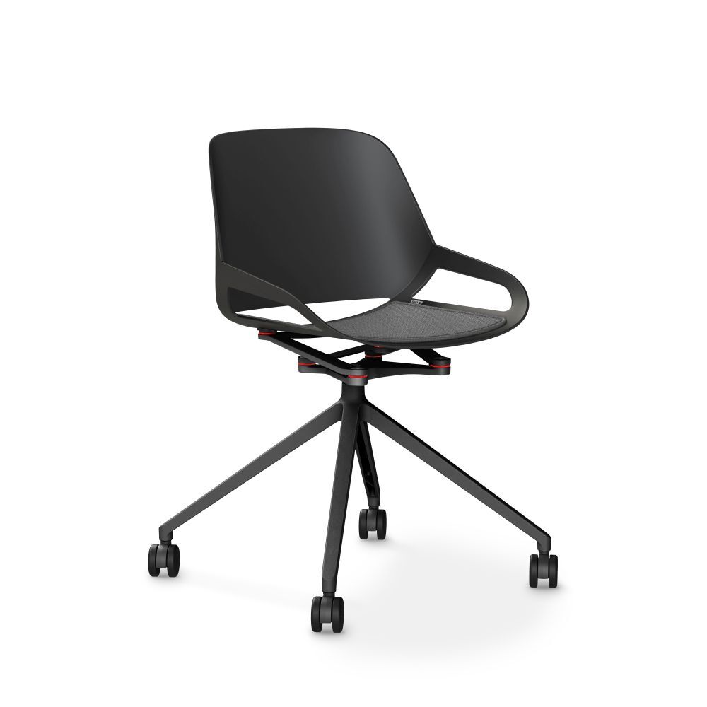 Moderner, ergonomischer Bürostuhl in Schwarz mit Rollen für dynamisches Sitzen im Büro oder Home Office.