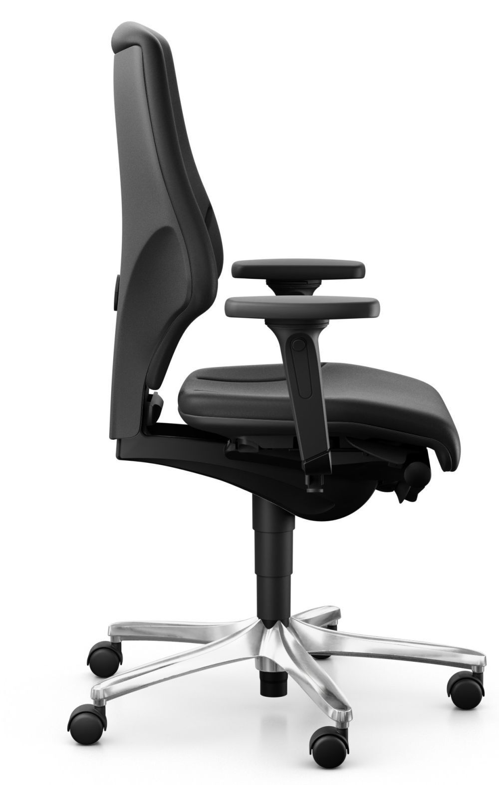 Ergonomischer Bürostuhl mit verstellbaren Armlehnen und gepolsterter Sitzfläche, Seitenansicht auf Rollen.