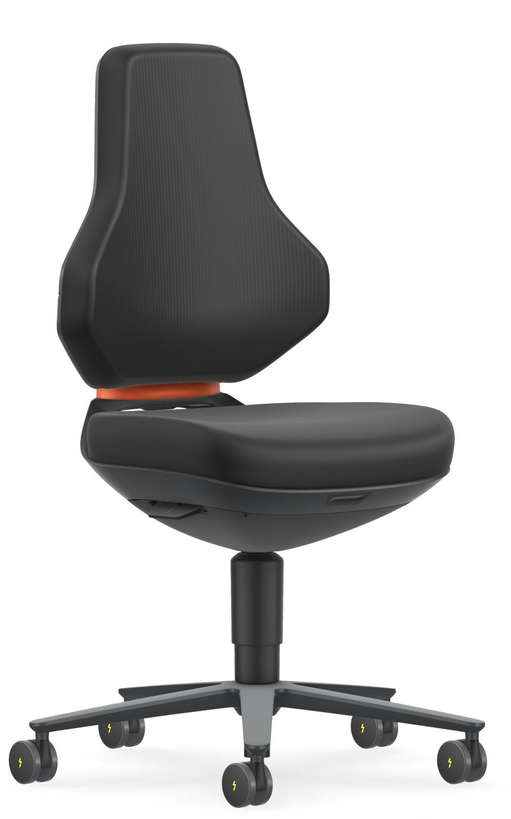 Ergonomischer schwarzer Bürostuhl mit Rollen, gepolstertem Sitz und Rückenlehne, optimiert für dynamisches Sitzen.