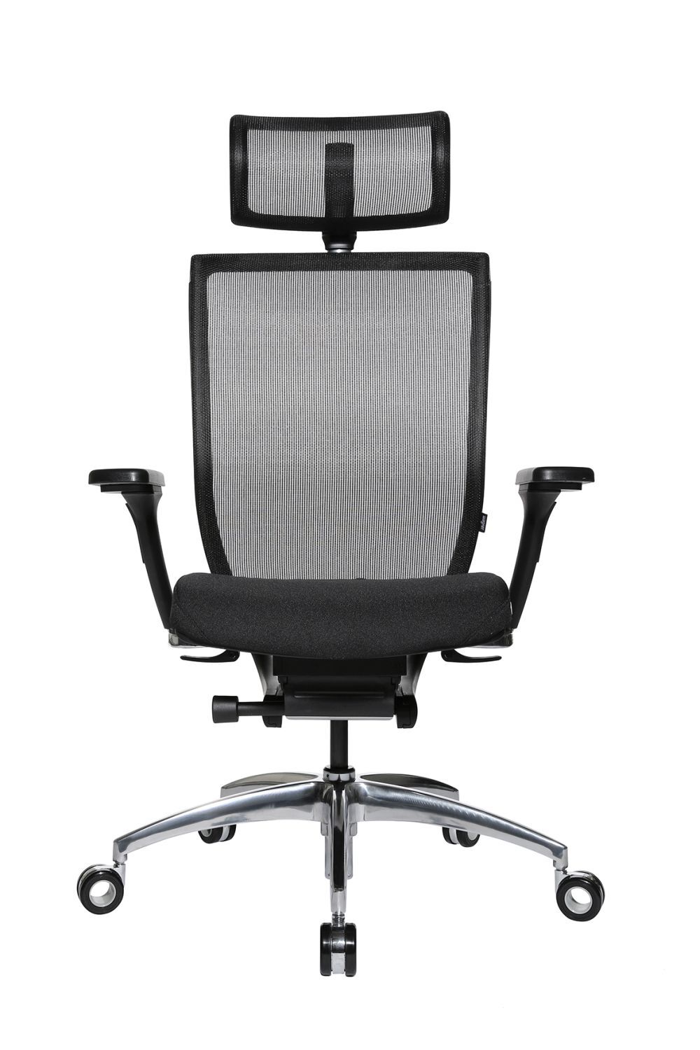 Ergonomischer Bürostuhl mit Netzrückenlehne, verstellbaren Armlehnen und Kopfstütze auf Metallfußkreuz mit Rollen.