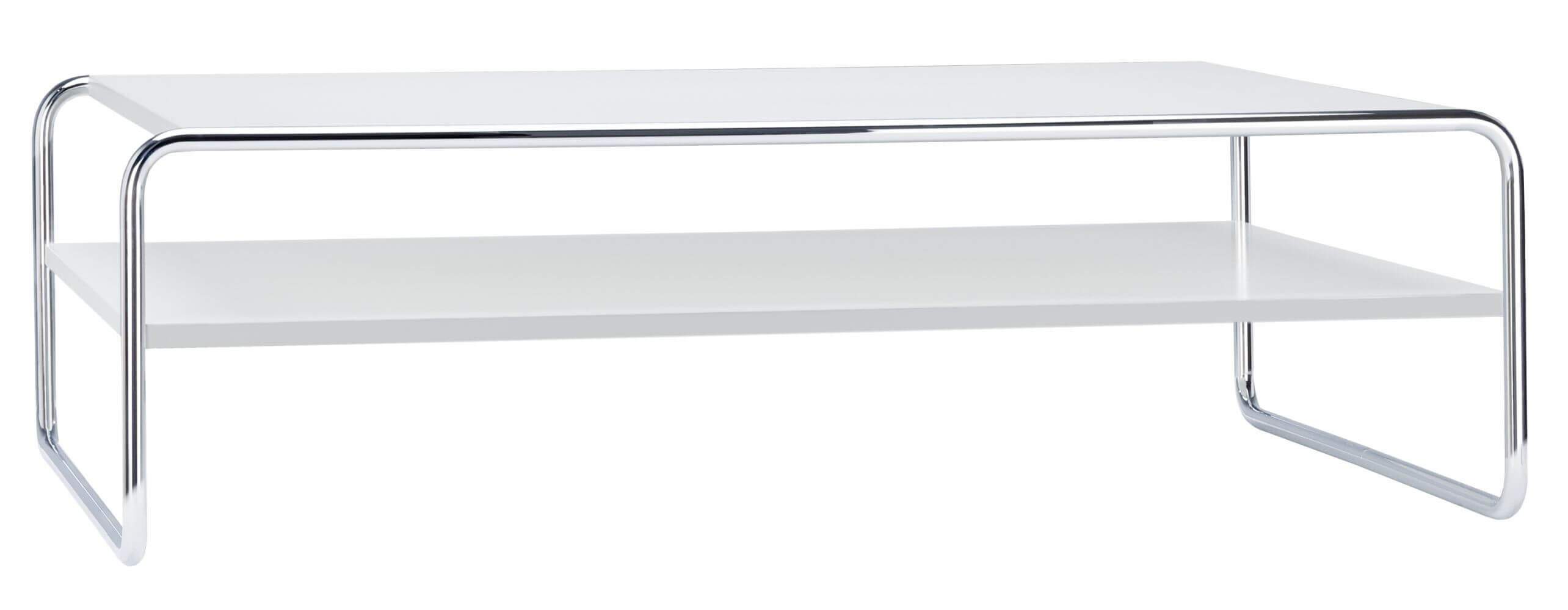 Moderner, rechteckiger Couchtisch mit weißer Oberfläche und verchromtem Metallrahmen, minimalistisches Design.