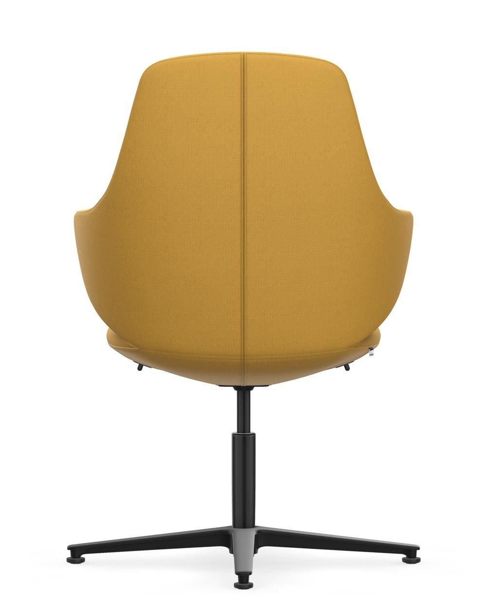 Rückansicht eines ergonomischen Bürostuhls mit gelbem Polsterbezug und schwarzem Drehfuß.