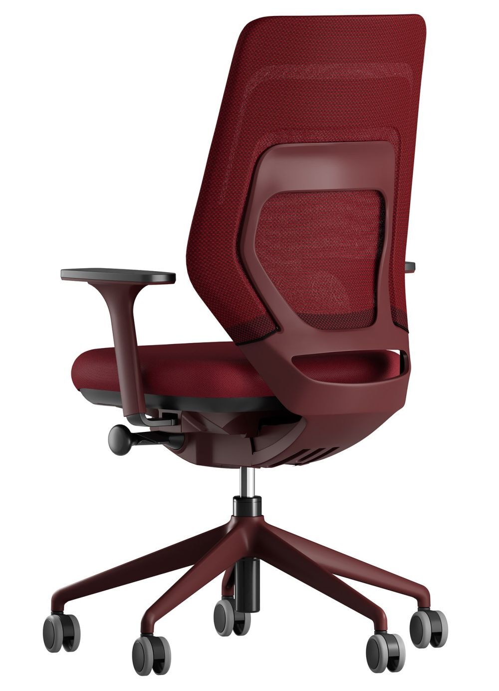 Ergonomischer, weinroter Bürostuhl mit Netzrückenlehne und Rollen für bewegliches Sitzen im Büro.