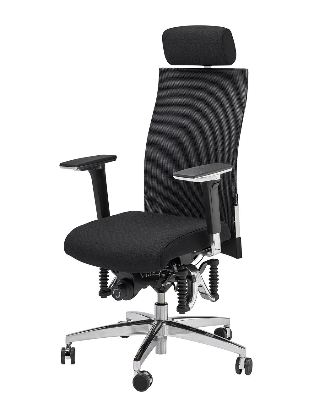 Hochwertiger ergonomischer Bürostuhl mit Kopfstütze, verstellbaren Armlehnen und stabilem Metallfußkreuz für bewegtes Sitzen.