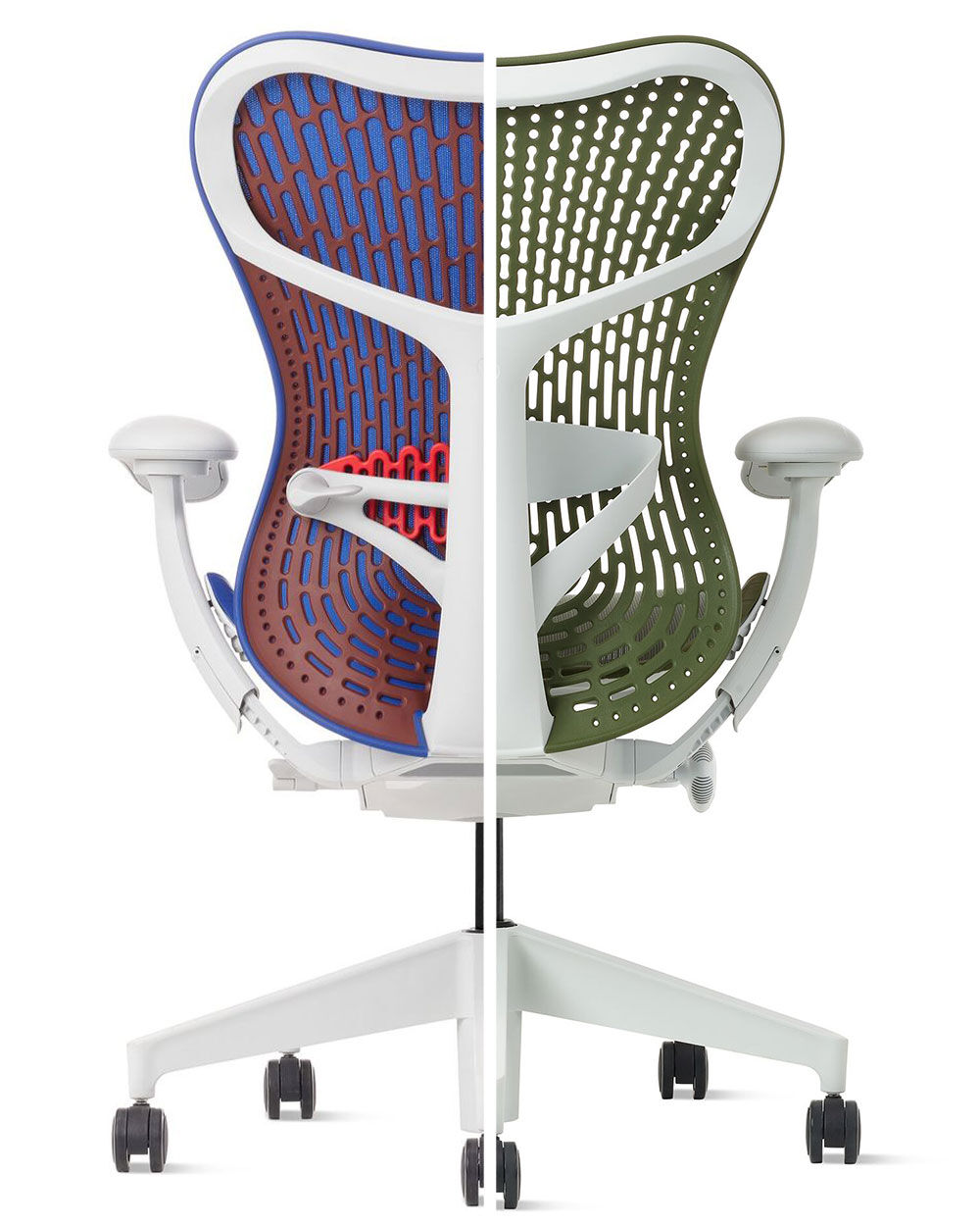 Zwei Hälften eines ergonomischen Bürostuhls in verschiedenen Farben. Zeigt Design- und Komfortdetails.