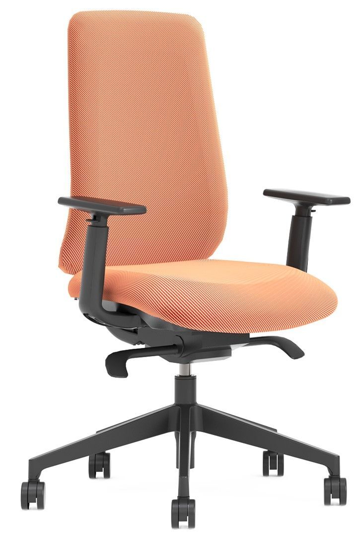 Ergonomischer Bürostuhl in Orange mit verstellbaren Armlehnen und Rollen für dynamisches Sitzen im Büro.