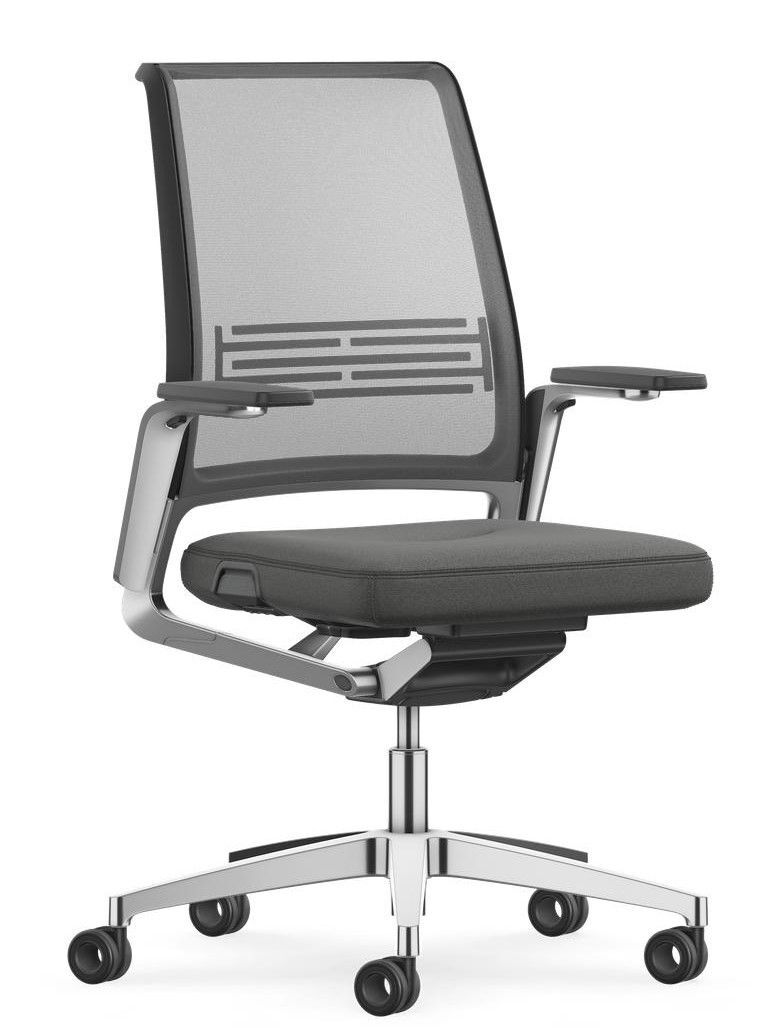 Moderner ergonomischer Bürostuhl mit verstellbaren Armlehnen, Netzrückenlehne und gepolstertem Sitz auf Rollen.