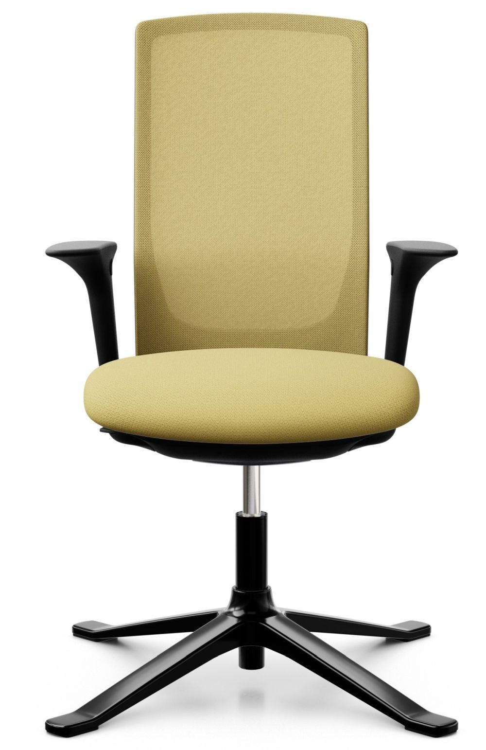 Ergonomischer Bürostuhl mit hoher Rückenlehne und schwarzen Armlehnen, in gelber Farbe vor weißem Hintergrund.