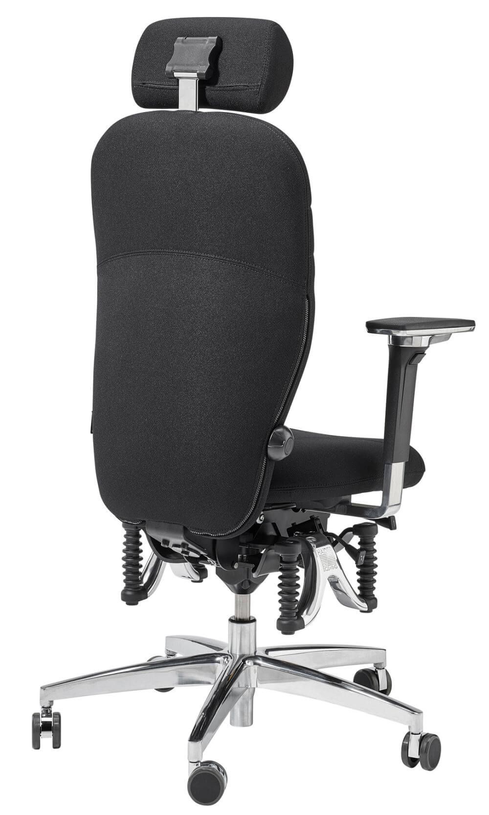 Ergonomischer Bürostuhl in Schwarz mit verstellbarer Kopfstütze und Metallgestell, ideal für dynamisches Sitzen.
