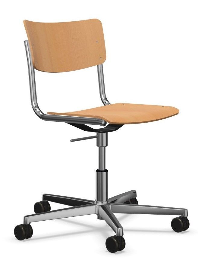 Ergonomischer Drehstuhl mit Buchenholz-Sitz und Metallgestell auf Rollen, ideal für bewegtes Sitzen im Büro.