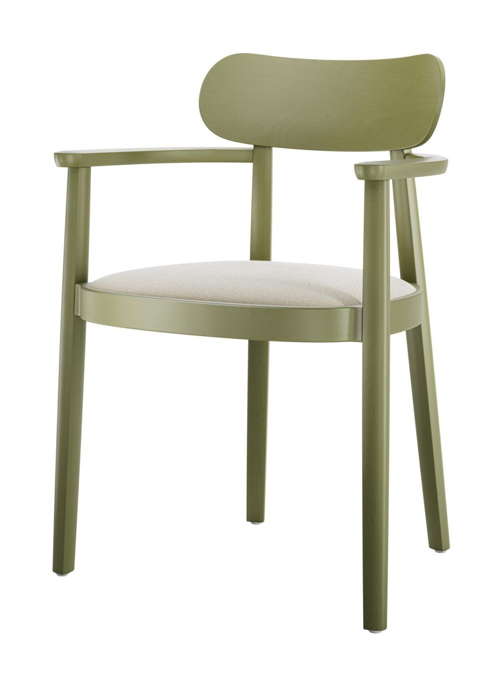Moderner, olivgrüner Stuhl mit Armlehnen und gepolsterter Sitzfläche, ideal für ergonomische Arbeitsumgebungen.