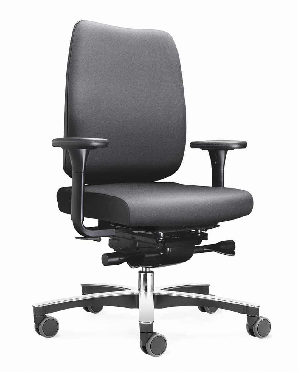 Ergonomischer Bürostuhl mit verstellbaren Armlehnen, schwarzem Bezug und fünf Rollen für komfortables, dynamisches Sitzen.