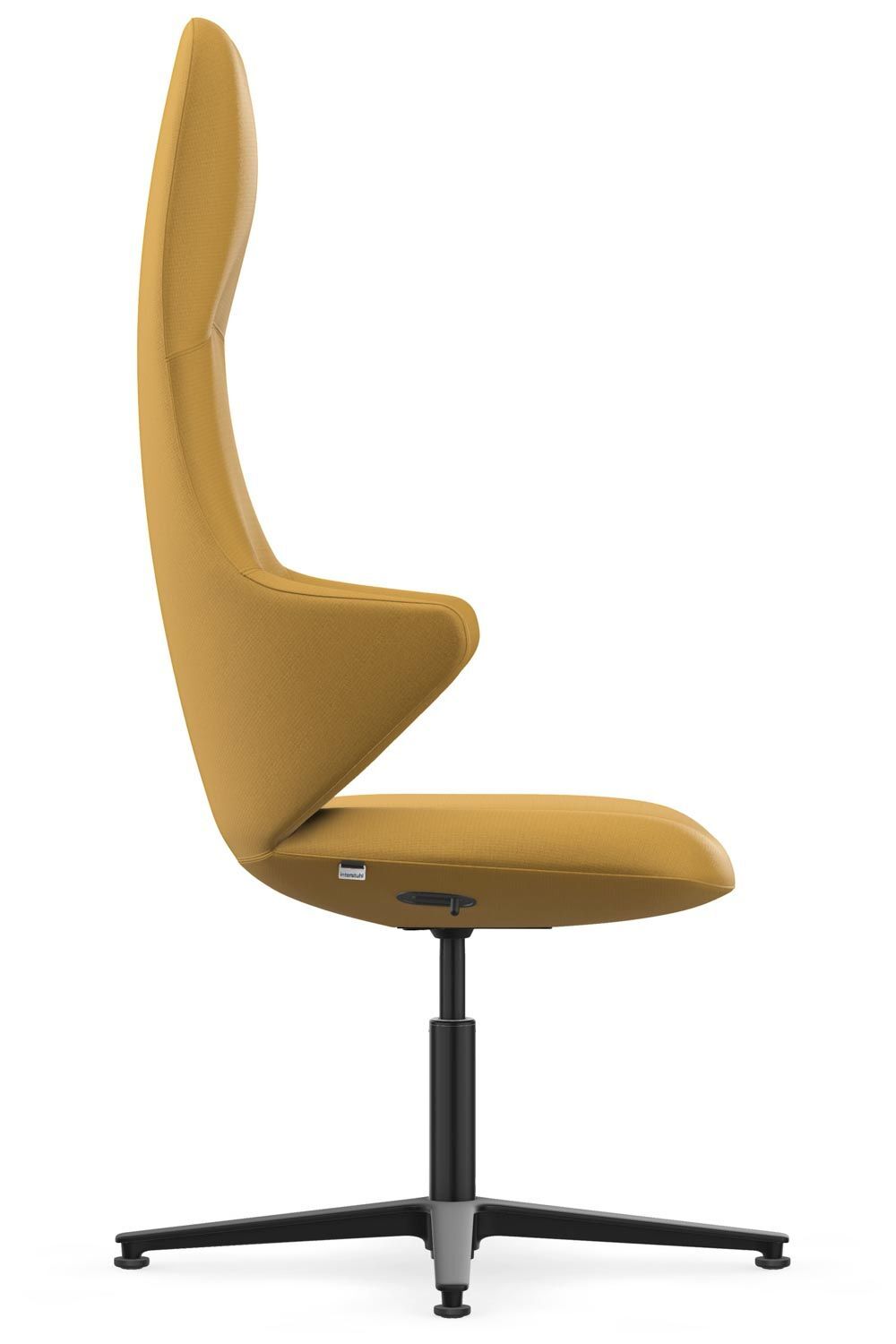 Seitliche Ansicht eines gelben, ergonomischen Bürostuhls mit hoher Rückenlehne und schwarzem Drehgestell.