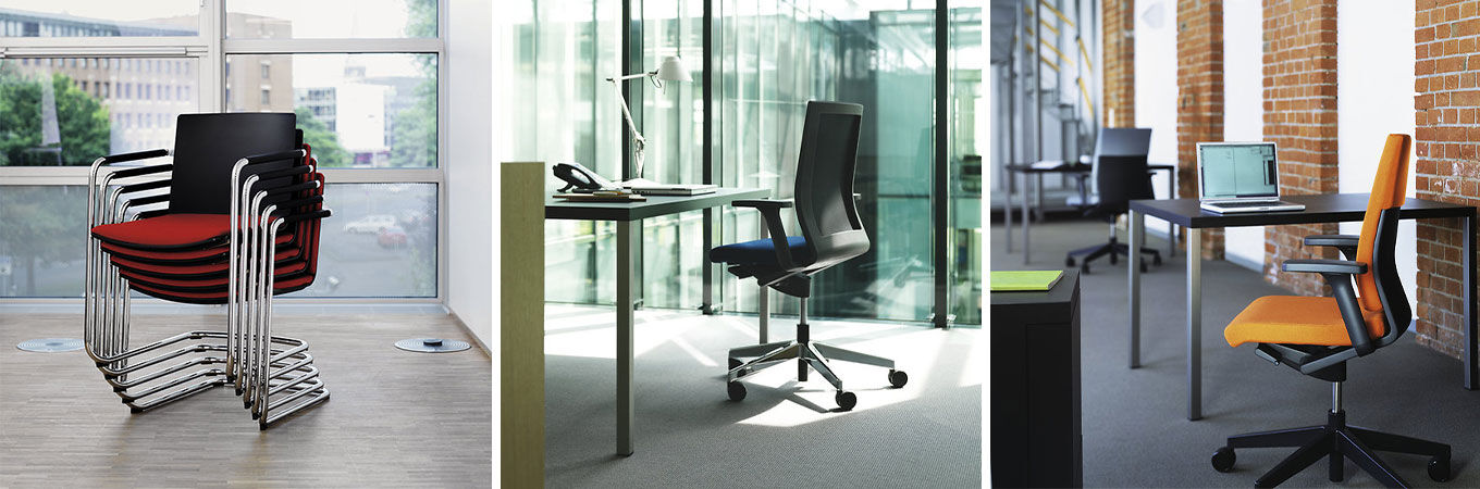 Drei ergonomische Bürostühle Wilkhahn Neos in verschiedenen Umgebungen, zeigen die Vielseitigkeit und Qualität der Produkte für dynamisches Sitzen.