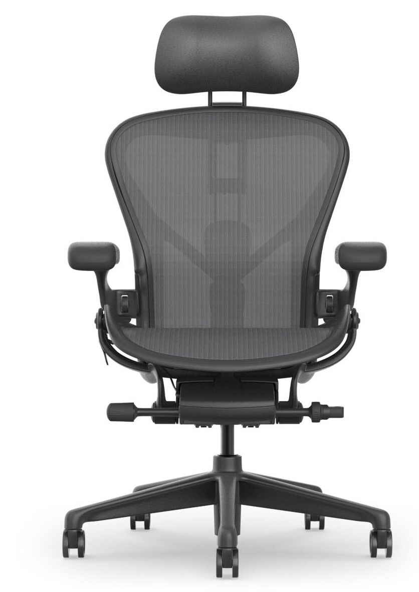 Ergonomischer Bürostuhl mit schwarzer Mesh-Rückenlehne und Kopfstütze, ideal für dynamisches Sitzen im Büro.