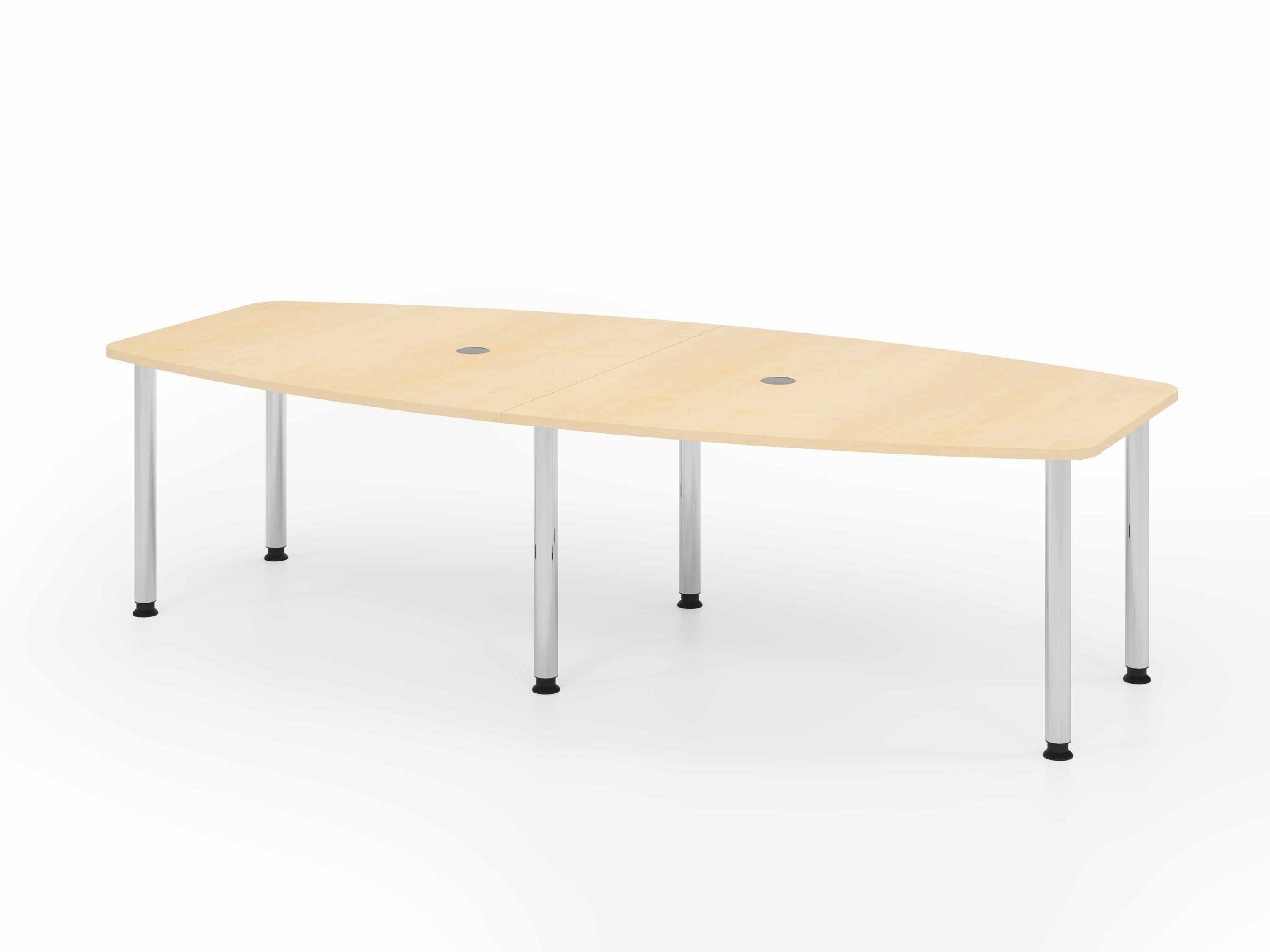 Moderner Konferenztisch mit hellem Holzfurnier und silbernen Metallbeinen, geeignet für ergonomische Büros.