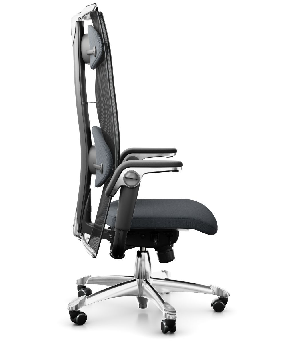 Ergonomischer Bürostuhl mit verstellbarer Rückenlehne und Armlehnen, seitliche Ansicht auf Rollenbasis.