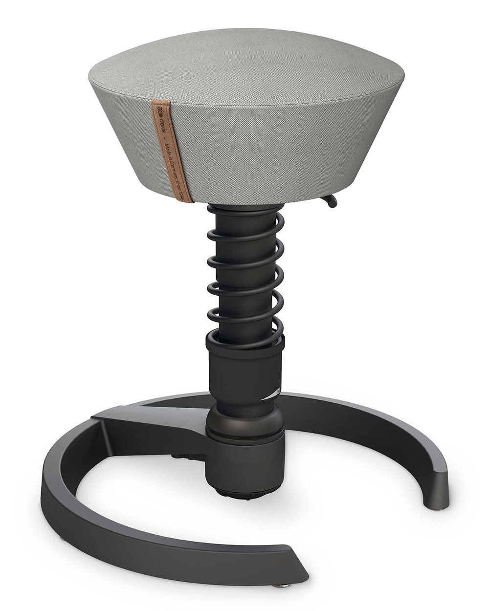 Moderner ergonomischer Hocker mit spiralförmiger Federung und rundem Sitz für dynamisches Sitzen.