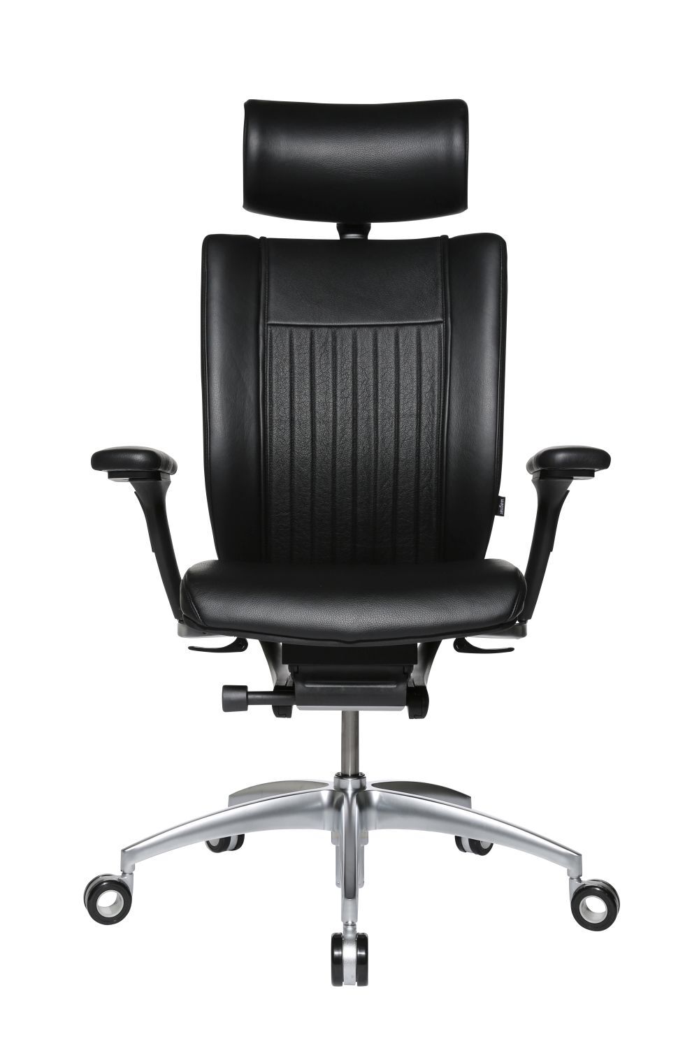 Ergonomischer Bürostuhl aus schwarzem Leder mit verstellbarer Kopfstütze und Armlehnen, ideal für dynamisches Sitzen.