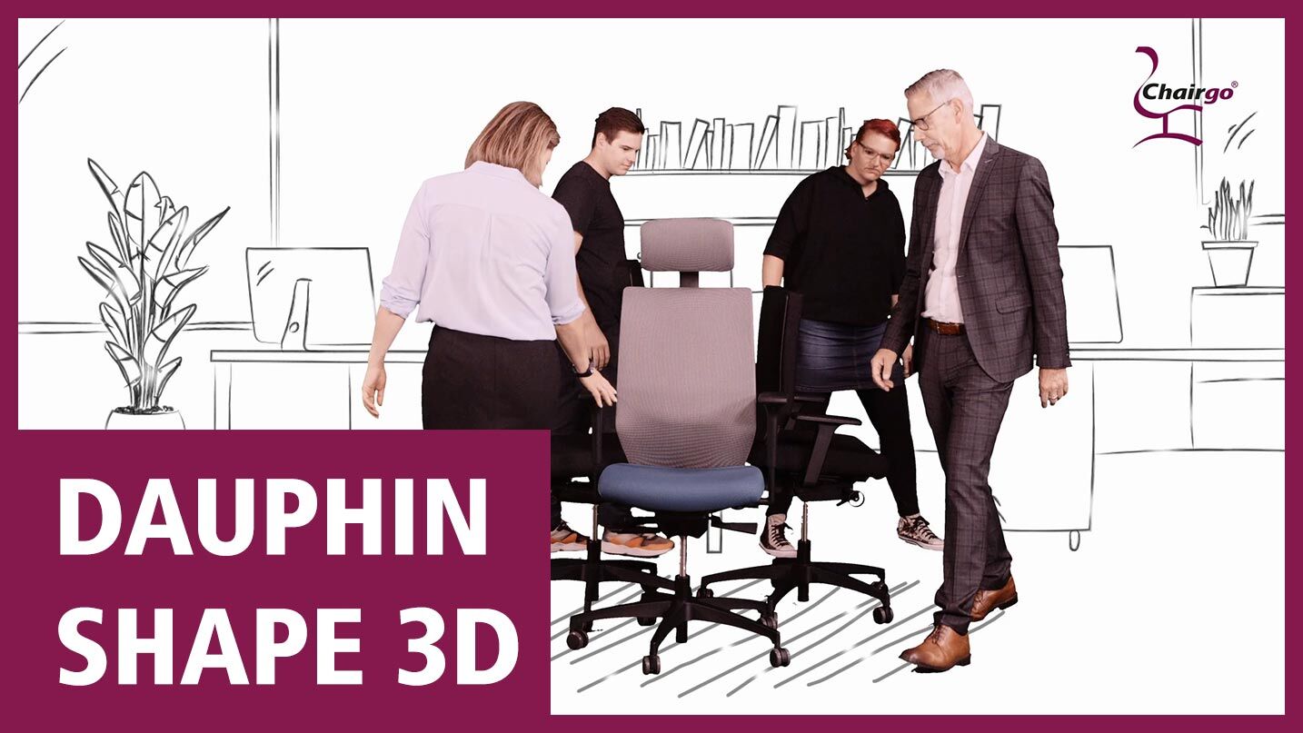 Personen inspizieren den ergonomischen Bürostuhl Dauphin Shape 3D in einem stilisierten Büroumfeld bei Chairgo.