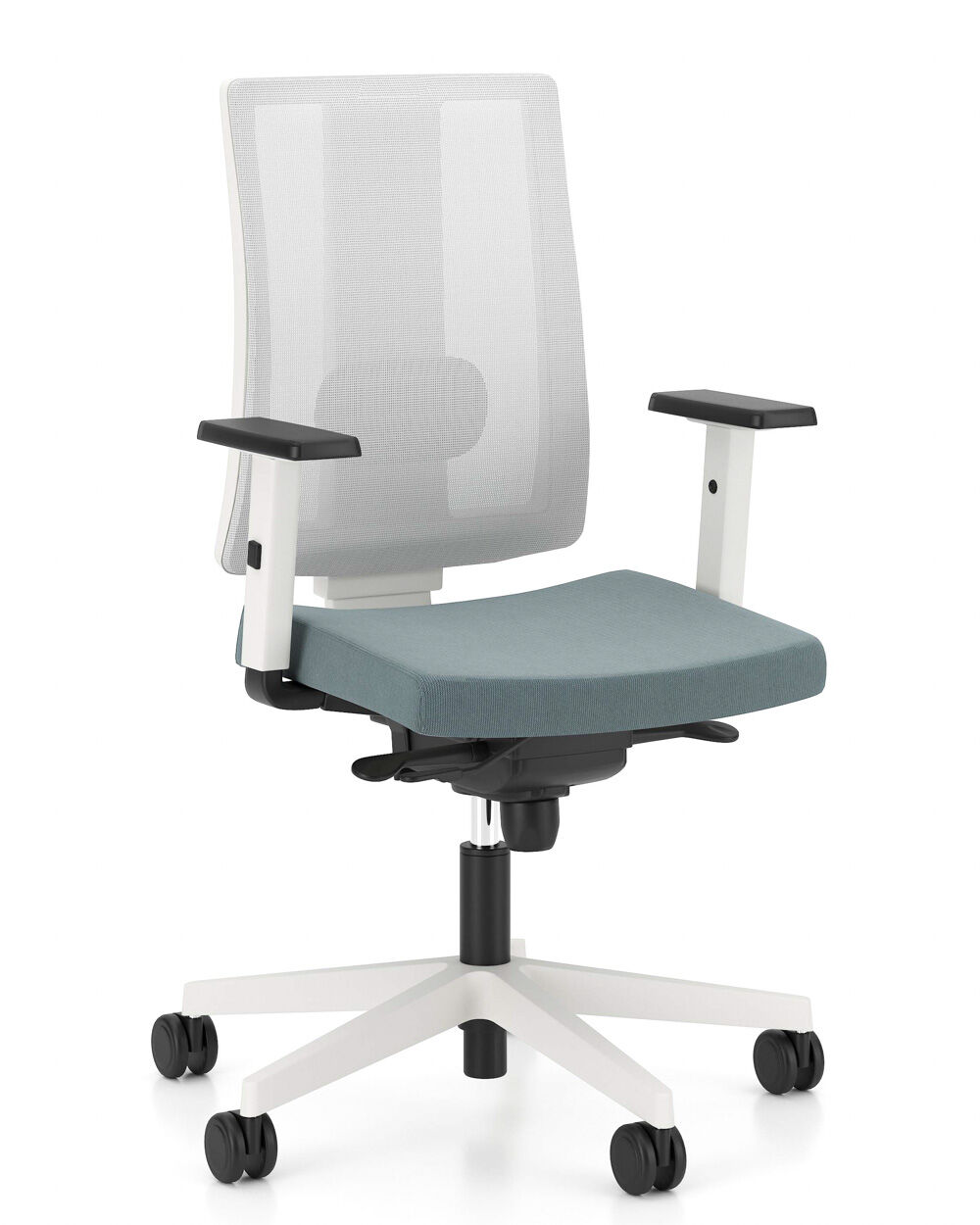 Ergonomischer Bürostuhl mit grauem Netzrücken, grauem Sitzpolster und verstellbaren Armlehnen auf schwarzen Rollen.