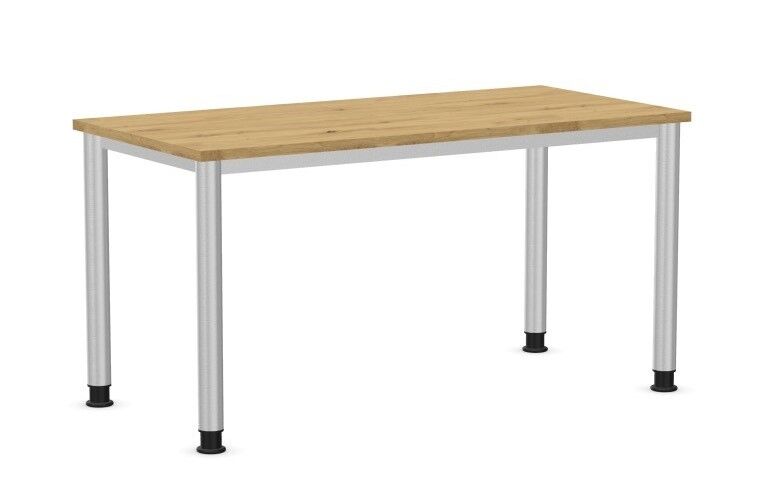 Moderner Schreibtisch mit Holzarbeitsplatte und verstellbaren Metallbeinen, ideal für ergonomische Arbeitsumgebungen.