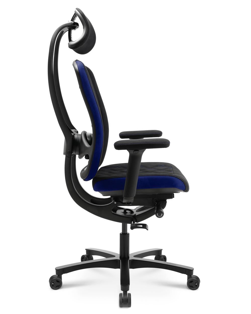Ergonomischer Bürostuhl mit blauer Polsterung, verstellbarer Kopfstütze und Armlehnen, seitliche Ansicht, geeignet für dynamisches Sitzen.