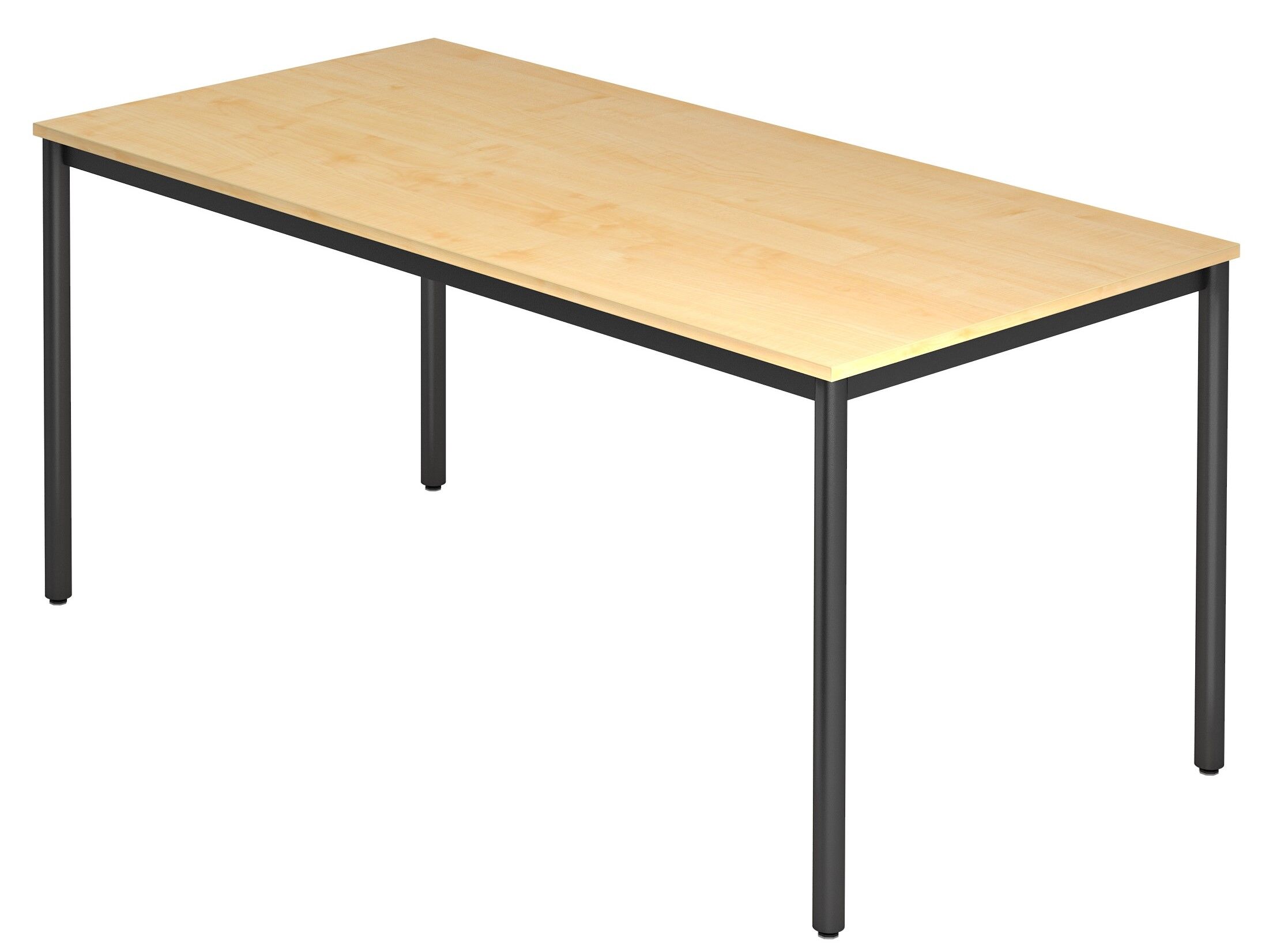 Rechteckiger Tisch mit heller Holzplatte und schwarzen Metallbeinen, ideal für Büros oder Konferenzräume.