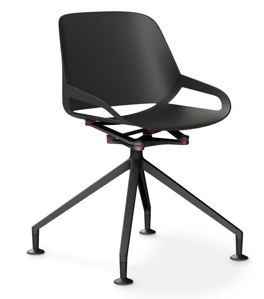 Moderner schwarzer Bürostuhl mit ergonomischem Design und vierbeinigem Gestell für dynamisches Sitzen.