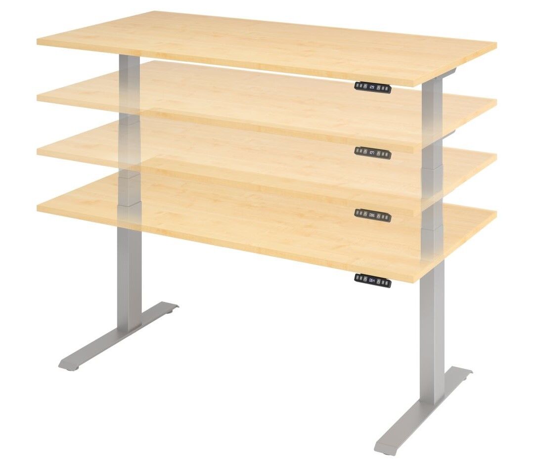 Höhenverstellbarer Schreibtisch mit Holzplatte, dargestellt in mehreren Positionen, für ergonomische Arbeitsplätze.
