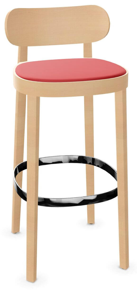 Moderner Holzbarhocker mit rotem Polster und schwarzem Fußring, ideal für ergonomisches Sitzen.