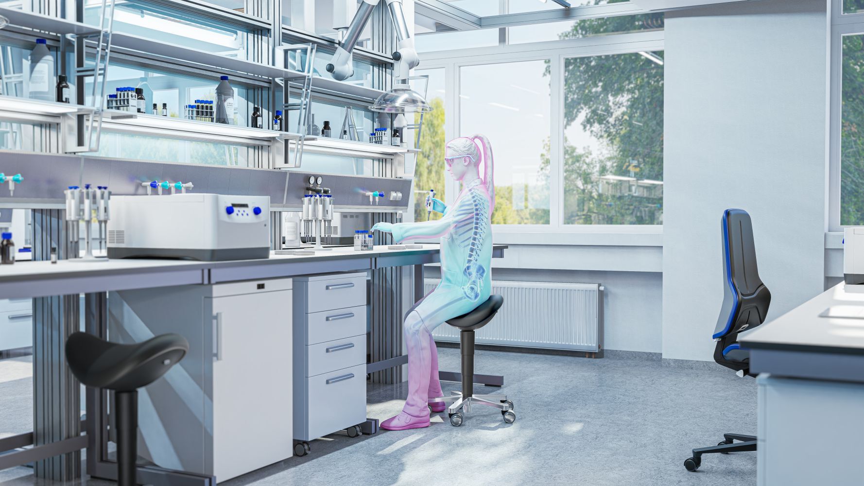 Animation eines Skeletts, das auf einem ergonomischen Stuhl in einem Labor arbeitet, zeigt gesunde Sitzhaltung.