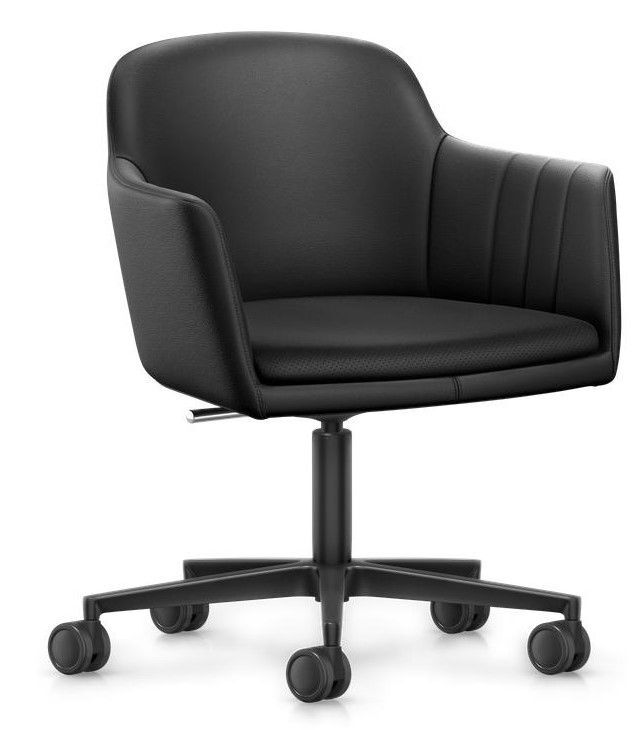 Schwarzer ergonomischer Bürostuhl mit gepolsterter Rückenlehne und Sitzfläche, auf Rollen für einfaches Bewegen.