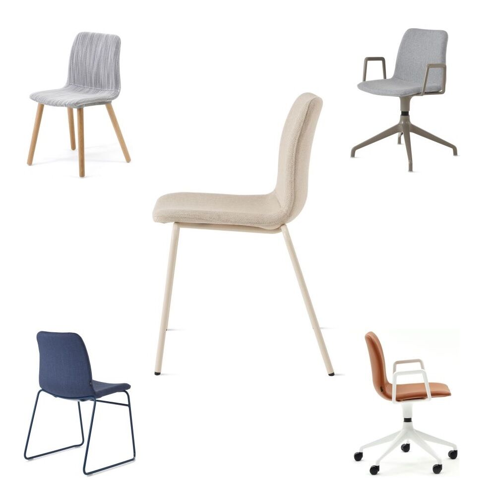 Fünf stilvolle ergonomische Bürostühle in verschiedenen Farben und Designs auf weißem Hintergrund abgebildet.