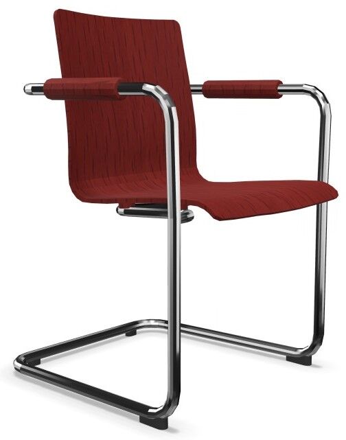 Eleganter ergonomischer Freischwinger mit rotem Stoffbezug und verchromtem Gestell für gesundes Sitzen.